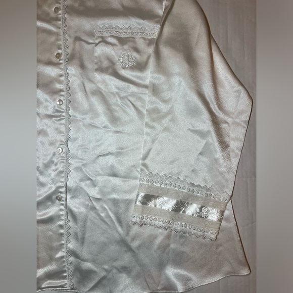 VTG CHRISTIAN DIOR Satin Button Down Top Saks Fit Embroidered Pajama Women's L - Picture 2 of 11